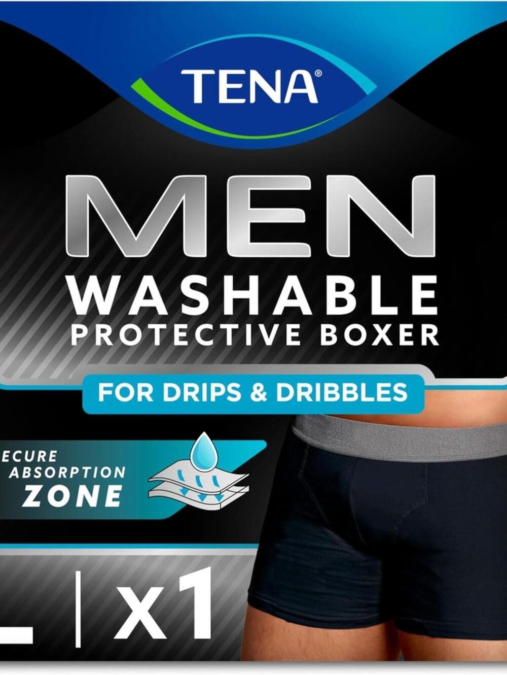 Tena Men's Washable Protective Boxers, Light Absorbency, Large, Black, 1 Count